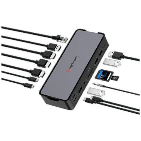 Adapter Verbatim stacja dokująca Pro 15w1 2xHDMI/1xRJ45/4xUSB-A/4xUSB-C/1xSD/1xmicroSD/1xAudio/1xDisplayPort szary 32171