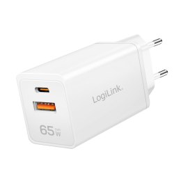 Ładowarka sieciowa LogiLink PA0371 USB GaN, 65 W, 1x USB-C (PD), 1x USB-A (QC), biała