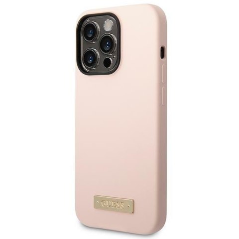 Guess GUHMP14LSBPLP iPhone 14 Pro 6,1" różowy/pink hard case Silicone Logo Plate MagSafe