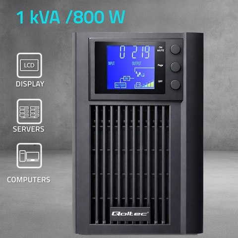 Qoltec 52640 Zasilacz awaryjny UPS Pure Sine Wave | 1kVA | 800W | AVR | LCD | Czysty Sinus