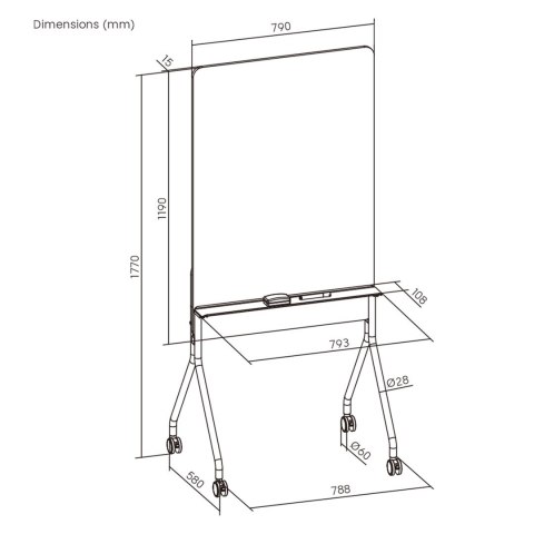 Mobilna tablica suchościeralna Ergo Office, orientacja pionowa, biała, jednostronna, z półką, wymiary tablicy 1190x790mm, ER-305