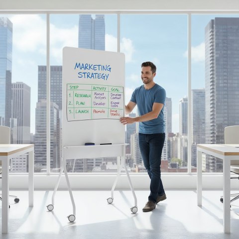 Mobilna tablica suchościeralna Ergo Office, orientacja pionowa, biała, jednostronna, z półką, wymiary tablicy 1190x790mm, ER-305
