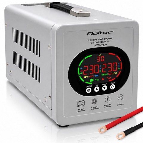 Qoltec Zasilacz awaryjny UPS Pure Sine Wave | 1000VA/720W | Przetwornica 12/230V z AVR | LCD | LiFePO4 AGM GEL