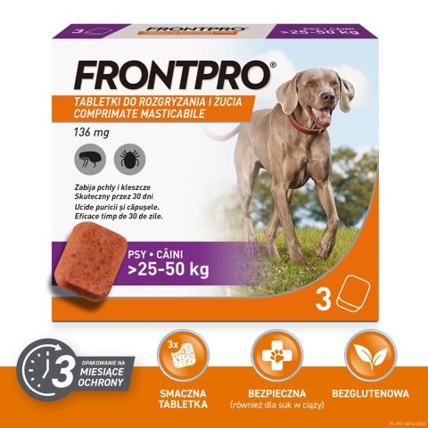 FRONTPRO Tabletki na pchły i kleszcze dla psa (>25-50 kg) - 3x 136mg