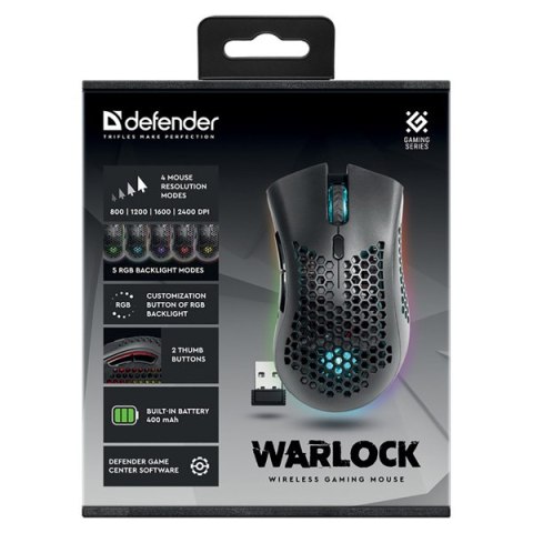 Defender Mysz Warlock GM-709L, 2400DPI, 2.4 [GHz], optyczna, 7kl., bezprzewodowa, czarna, 1 szt AA