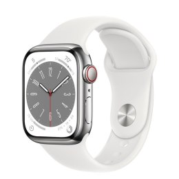 Apple Watch Series 8 GPS + Cellular, 41 mm Koperta ze stali nierdzewnej w kolorze srebrnym z paskiem sportowym w kolorze białym - regu