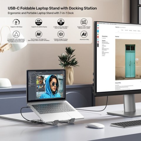 UNITEK PODSTAWKA POD LAPTOP REGULOWANA + HUB USB-C/A, HDMI 2.0, PD 100W