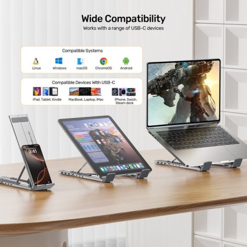 UNITEK PODSTAWKA POD LAPTOP REGULOWANA + HUB USB-C/A, HDMI 2.0, PD 100W