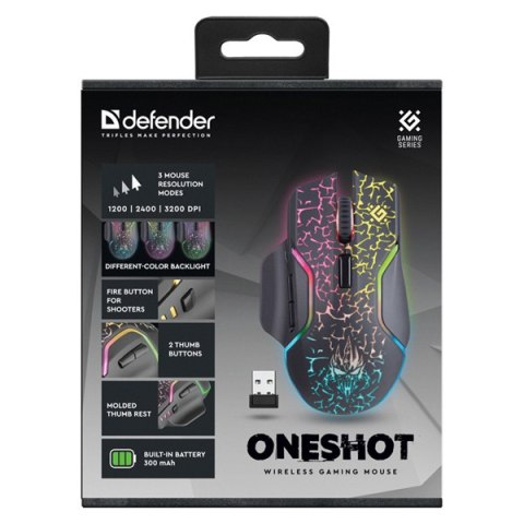 Defender Mysz Oneshot GM-067 LED, 3200DPI, 2.4 [GHz], optyczna, 6kl., bezprzewodowa, czarna, wbudowany akumulator