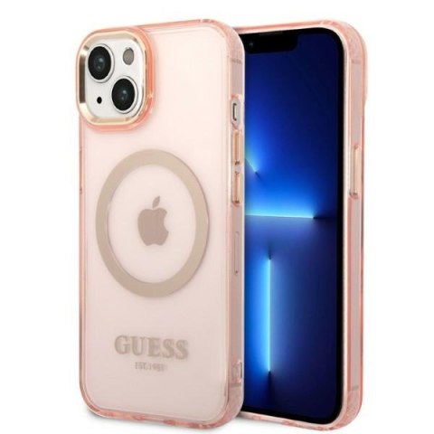 Guess GUHMP14SHTCMP iPhone 14 6,1" różowy/pink hard case Gold Outline Translucent MagSafe