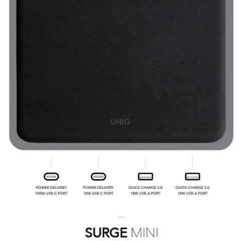 UNIQ Ład. siec. HUB Surge Mini 100Wczarny/charcoal black 2xUSB Quick Charge 3.0 + 2xUSB-C PD 3.0 (LITHOS Collective)
