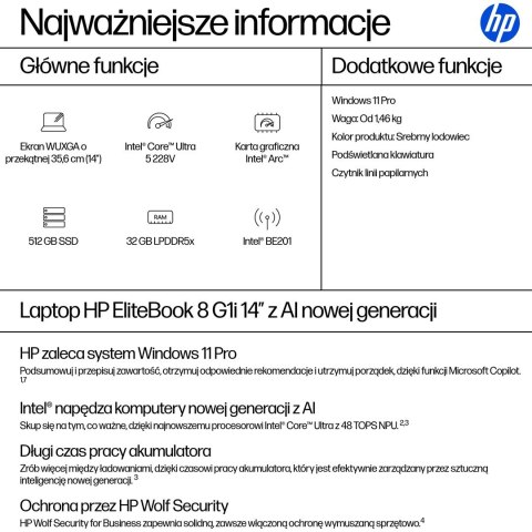 HP EliteBook 8 G1i Next Gen AI PC Copilot+ PC Intel Core Ultra 5 228V Laptop 35,6 cm (14") WUXGA 32 GB LPDDR5x-SDRAM 512 GB SSD 