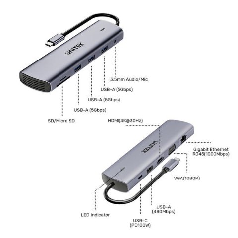 UNITEK D1113BGY01 huby i koncentratory 2 x USB 3.2 Gen 2 (3.1 Gen 2) Type-C 1000 Mbit/s Szary