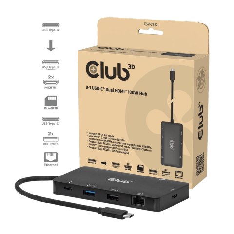 CLUB3D CSV-2552 huby i koncentratory USB Type-C 5000 Mbit/s Czarny