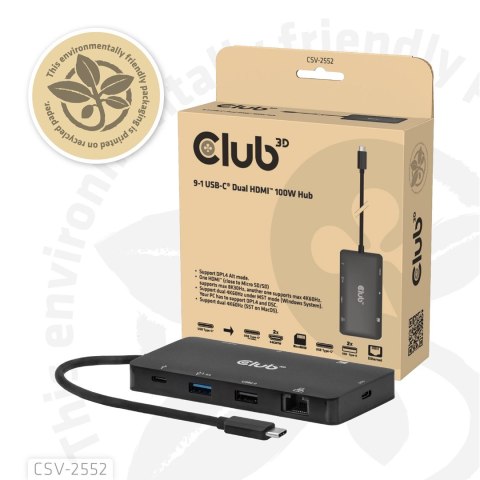 CLUB3D CSV-2552 huby i koncentratory USB Type-C 5000 Mbit/s Czarny