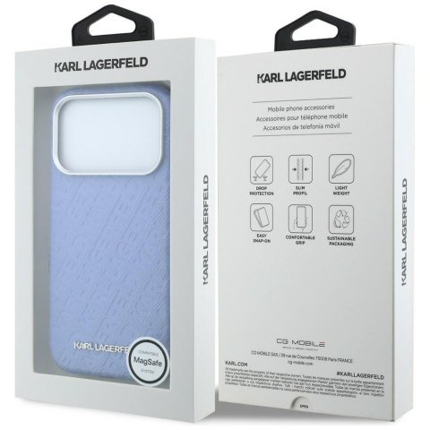 Etui Karl Lagerfeld Grained Allover Logo Metal Elongated MagSafe do iPhone 18 Pro / 17 Pro niebieski