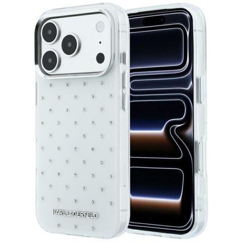Etui Karl Lagerfeld IML Rhinestones Allover and Electroplated Logo do iPhone 18 Pro / 17 Pro biały