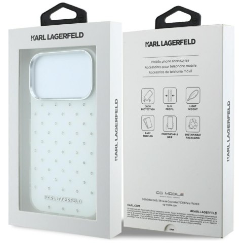 Etui Karl Lagerfeld IML Rhinestones Allover and Electroplated Logo do iPhone 18 Pro / 17 Pro biały