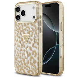 Etui Guess IML Leopard Glitter Triangle Logo MagSafe do iPhone 18 Pro / 17 Pro brązowy