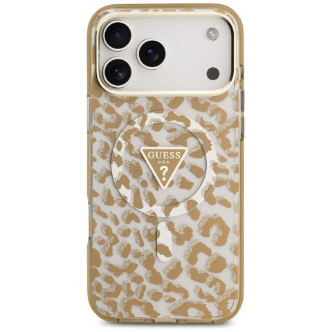 Etui Guess IML Leopard Glitter Triangle Logo MagSafe do iPhone 18 Pro / 17 Pro brązowy