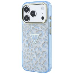 Etui Guess IML Leopard Glitter Triangle Logo MagSafe do iPhone 18 Pro Max / 17 Pro Max niebieski
