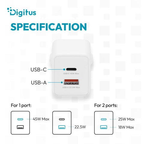 Digitus Ładowarka GaN 45W USB-C + USB-A DA-10302 biała