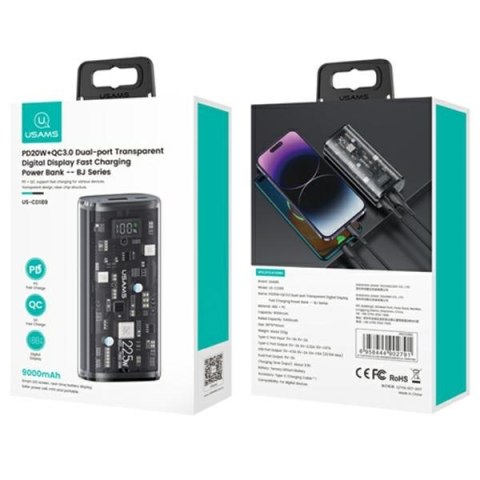 USAMS Powerbank 9000mAh PD 20W QC3.0+PD Dual-Port Fast Charge czarny/black 10KCD18901(US-CD189)