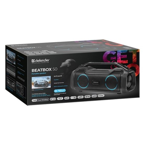 Defender głośnik BEATBOX 50, Li-Ion, 2.0, 50W, czarny, regulacja głośności, podświetlenie LED, BT 5.0, TWS